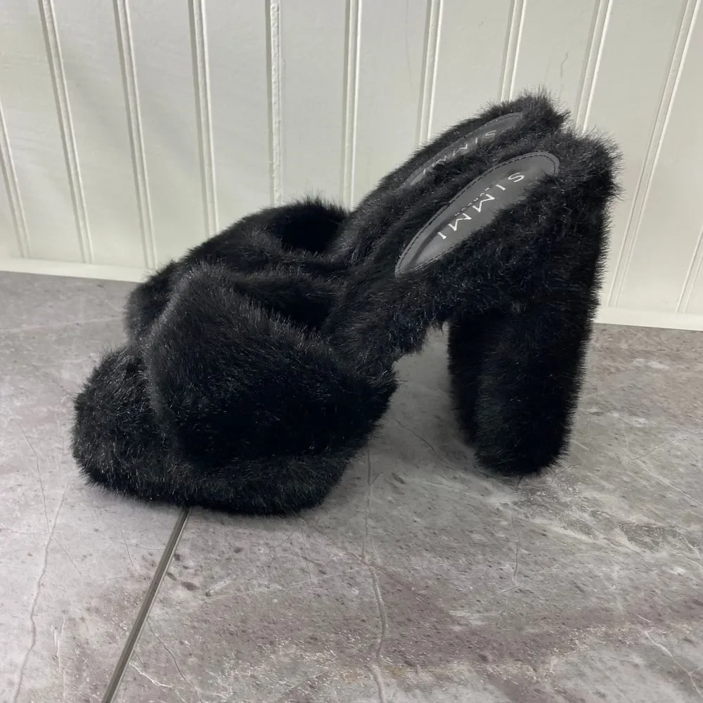 SIMMI Womens‎ 7 London Black Faux Fur Platform Heeled Sandals Fuzzy Chunky Party